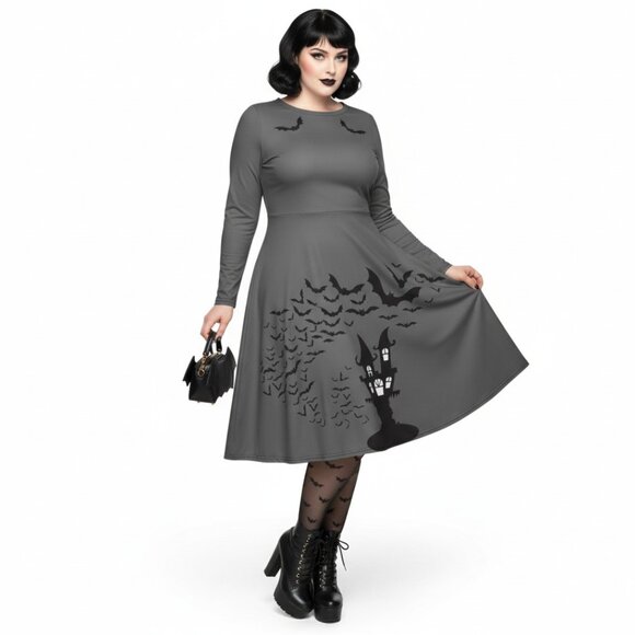 Plus Size Goth Bat Print Long Sleeve Pinup Dress with Pockets - Picture 9 of 17